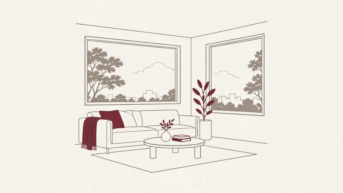 울산 선착순 분양 아파트 84C 이면 개방형 거실의 창 배치를 나타낸 개념도